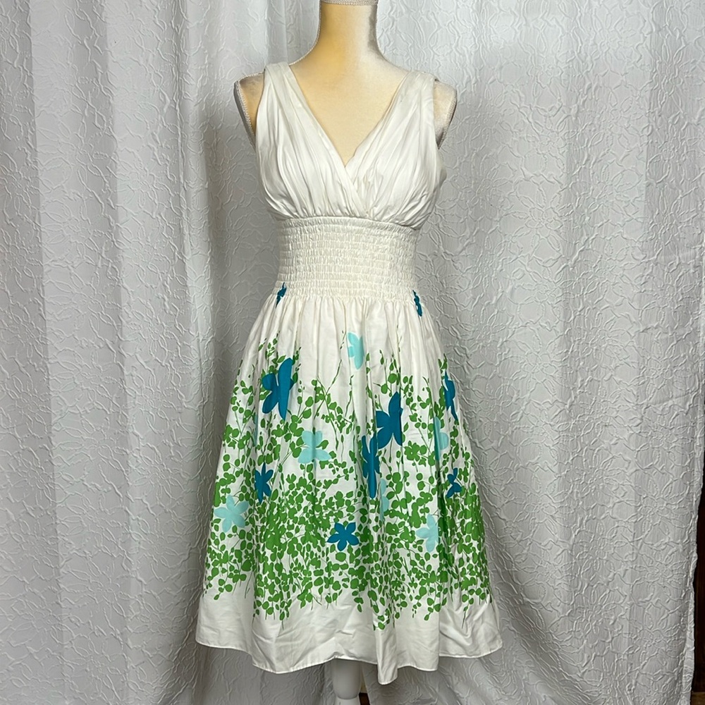 Oleg Cassini Summer White Blue Floral Designer Sun Dress - Size 4